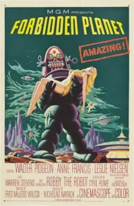 Original vintage UK cinema poster for the 1956 science fiction film Forbidden Planet, featuring Robby the Robot carrying a woman against an alien landscape.