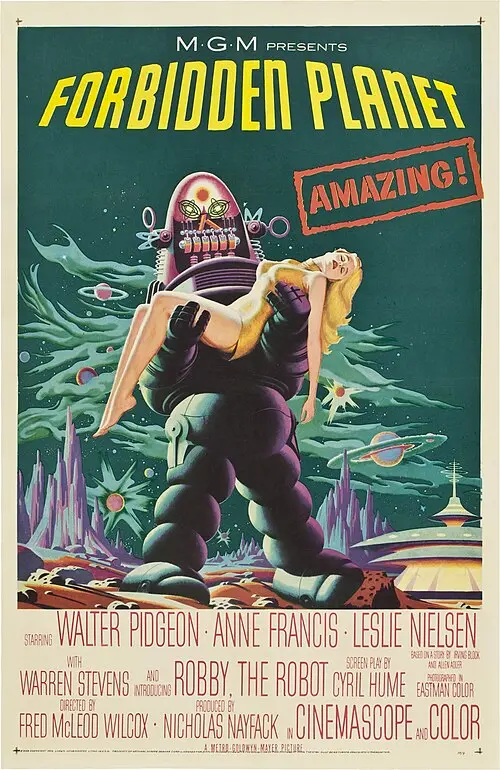 Original vintage UK cinema poster for the 1956 science fiction film Forbidden Planet, featuring Robby the Robot carrying a woman against an alien landscape.