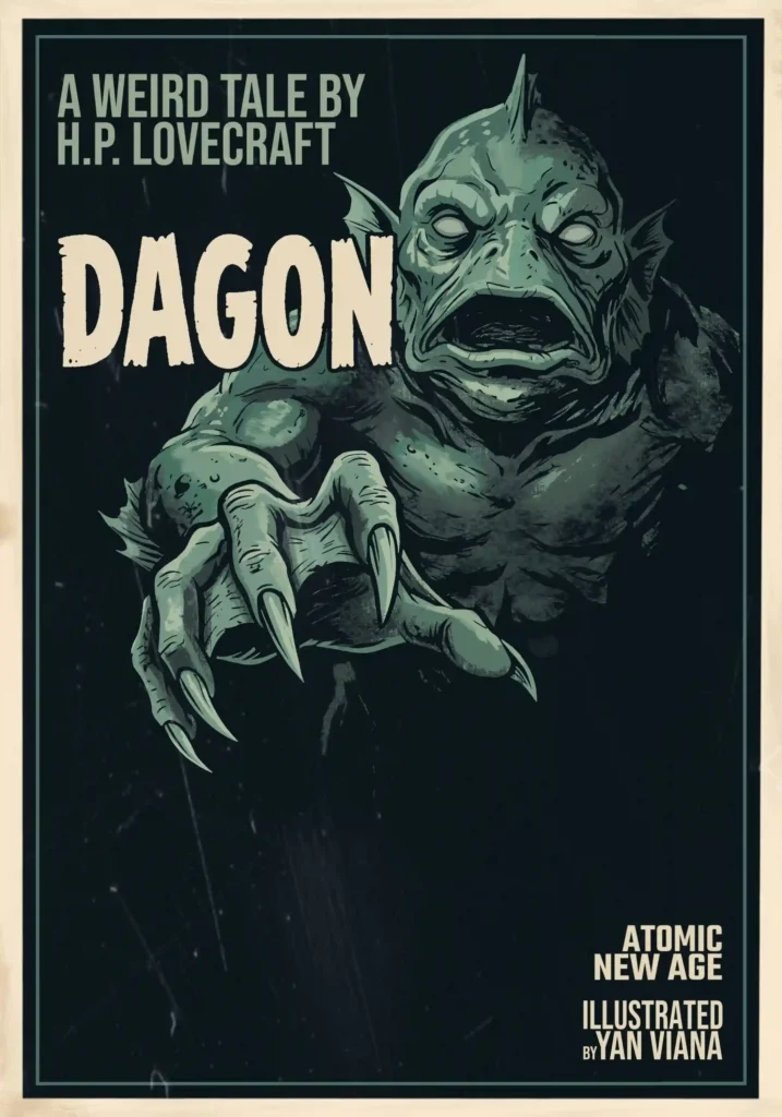 A cover poster of the short story Dragon by H.P. Lovecraft, depicting a sea creature Deep one Dagon